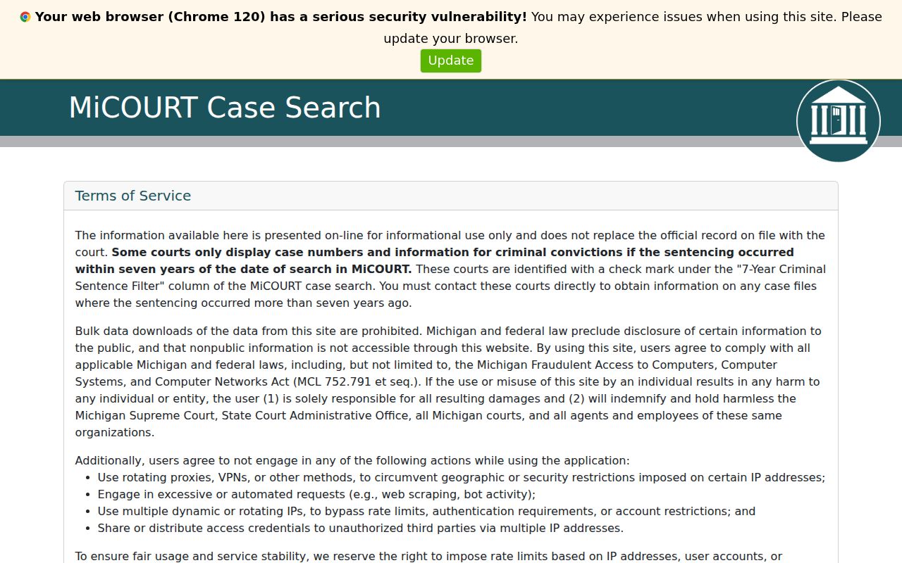 Schoolcraft County docket search statewide MiCOURT case search landing page