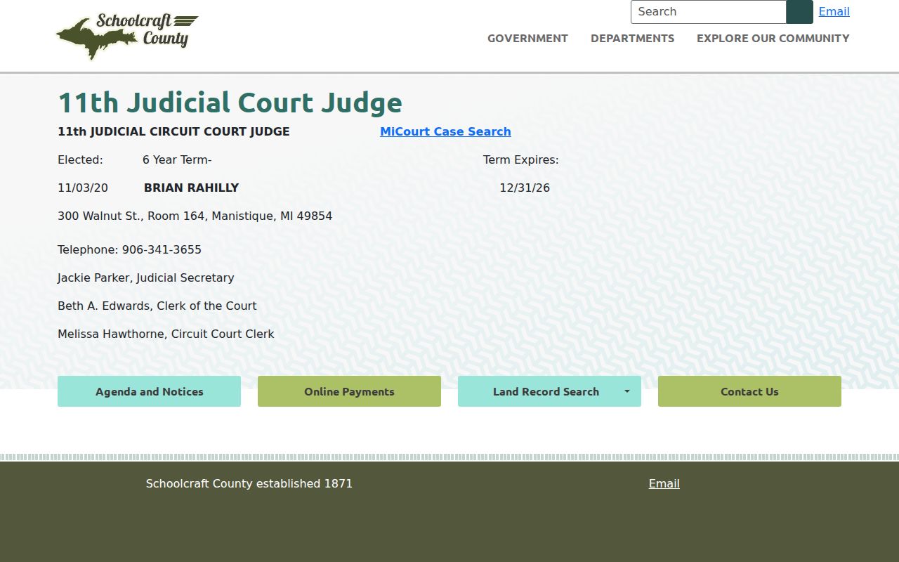 Schoolcraft County civil court docket contact for the 11th Judicial Circuit Court