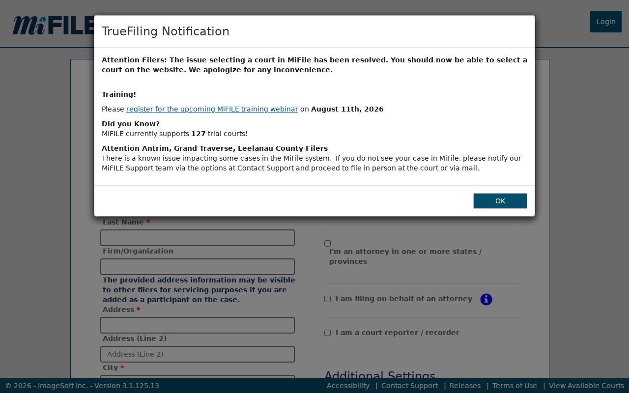 Schoolcraft County civil court docket MiFILE account registration fields