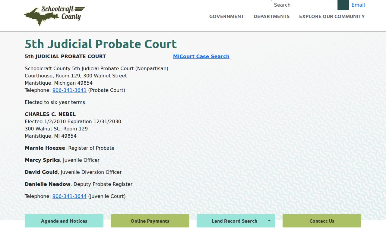 Schoolcraft County court schedule Probate Court and juvenile office contact information