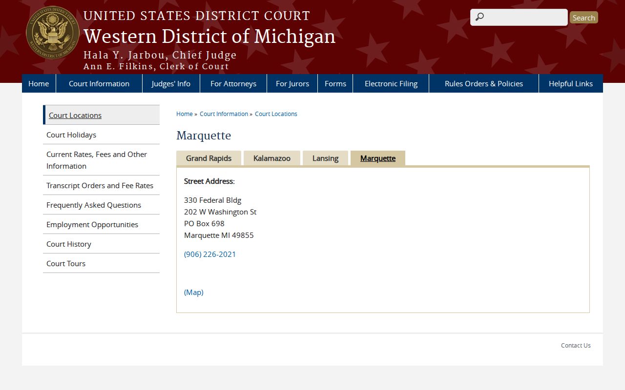 Schoolcraft County court docket federal Northern Division courthouse contact