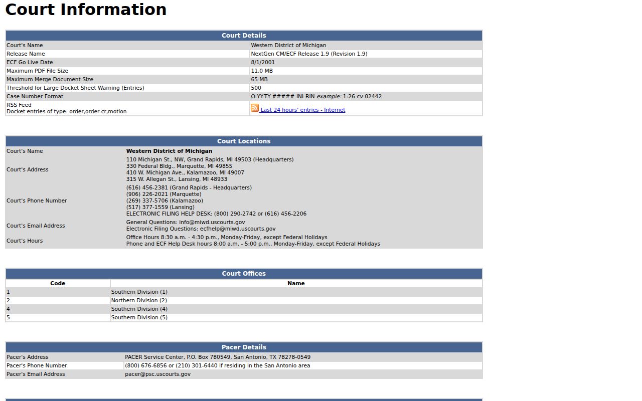 Schoolcraft County court docket federal docket system and case number format